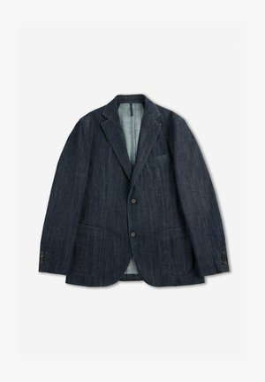 Dunkelblaues Denim-Blazer mit Reverskragen, zwei Fronttaschen und Knopfverschluss. Es hat sichtbare Nähte und ein glattes Innenfutter.