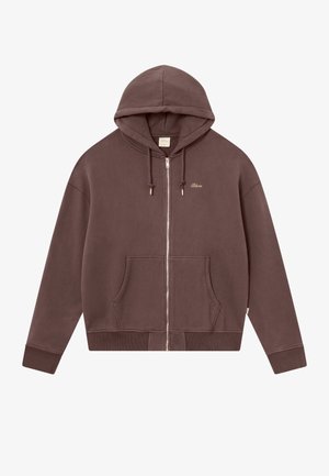 Brown zip-up hoodie made of soft fabric, featuring a hood, front pockets, ribbed waistband and cuffs, with a small logo on the chest.
