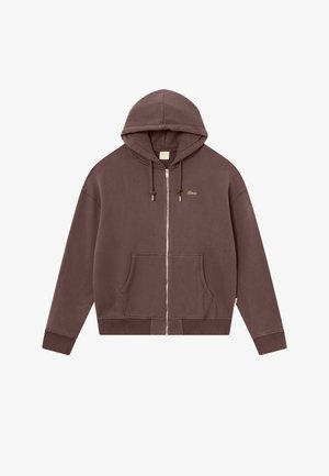 Brun zip-up hoodie lavet af blødt stof, med hætte, forlommer, ribbede manchetter og talje, samt et lille logo på brystet.