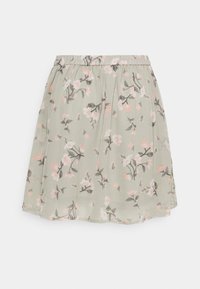 Kevyt kankaasta valmistettu kukkakuvioinen hame, jossa on vaaleanvihreä tausta ja vaaleanpunaisia sekä harmaita kukkia. Joustava vyötärökaitale, kerroksittainen muotoilu.