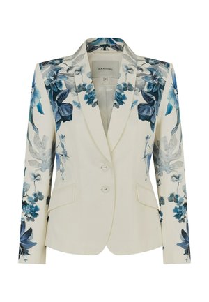 Kreemikas lillemustriga bleiser, millel on sinised ja hallid lilled. Moodne lõige, kahe nupuga kinnis ja lõigatud taskud. Pehme kangas.