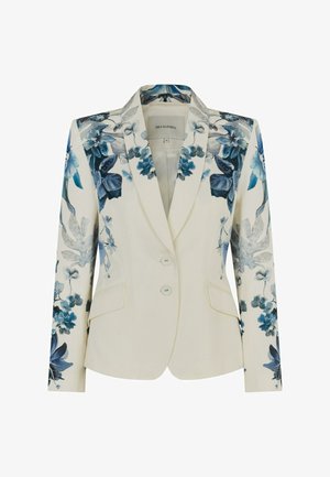 Blazer met bloemenpatroon in crèmekleur, met blauwe en grijze bloemen. Moderne snit, tweeknopsluiting en getailleerde zakken. Zachte stof.