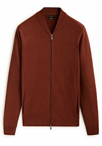 Bruine gebreide cardigan met een ritssluiting aan de voorkant, geribde kraag en mouwen, met een zachte textuur en een getailleerd ontwerp.