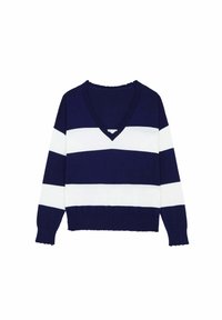 Sweter w kolorze granatowym i białym w paski, z dekoltem w kształcie litery V, długimi rękawami i skróconym dołem. Wykonany z miękkiego materiału, ozdobiony detalem surowego wykończenia.