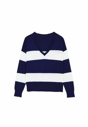 Gestreifter Pullover in Marineblau und Weiß mit V-Ausschnitt, langen Ärmeln und einem verkürzten Saum. Hergestellt aus weichem Stoff und mit einem rohen Kanten-Detail.