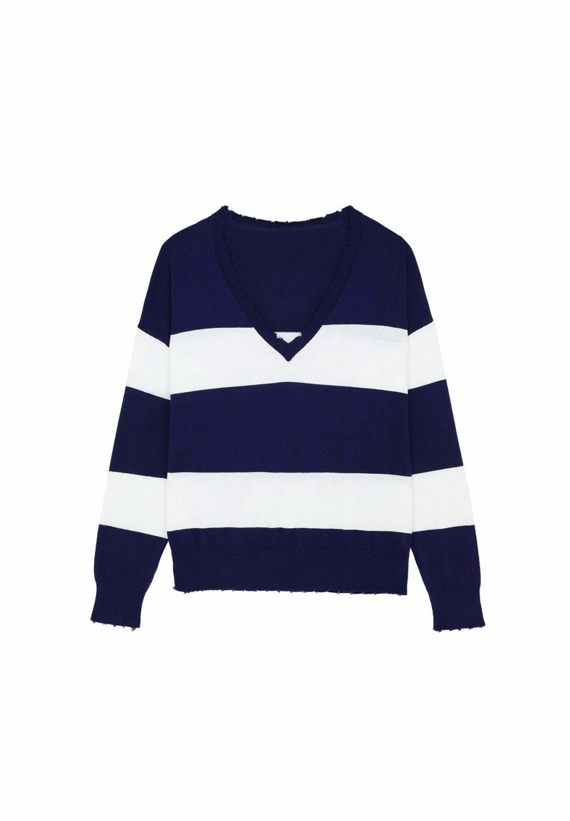 Sweter w kolorze granatowym i białym w paski, z dekoltem w kształcie litery V, długimi rękawami i skróconym dołem. Wykonany z miękkiego materiału, ozdobiony detalem surowego wykończenia.