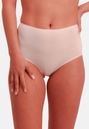 Vysoké spodní prádlo světle béžové barvy z hladkého materiálu. Má bezešvý design a pohodlné nošení, bez viditelných kovových částí.