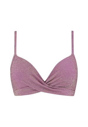 Fialková třpytivá podprsenka s tenkými ramínky a zkrouceným předním designem.