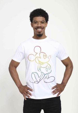 White t-shirt featuring a colorful, gradient outline of Mickey Mouse. The design is centered, with a smooth texture and short sleeves.