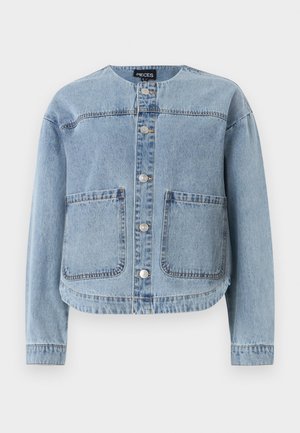 Light blue denim jacket with long sleeves, round neckline, button closure, and two front pockets. Features visible stitching and a cropped hem.