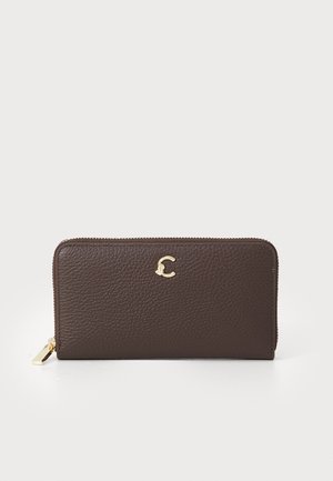 Brown leather wallet with a textured finish, zip closure, and a gold logo accent on the front. Compact rectangular shape.