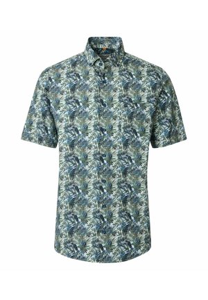 Kortærmet skjorte med knapper, med grønne og blå tropiske blade og blomster på en lys baggrund.