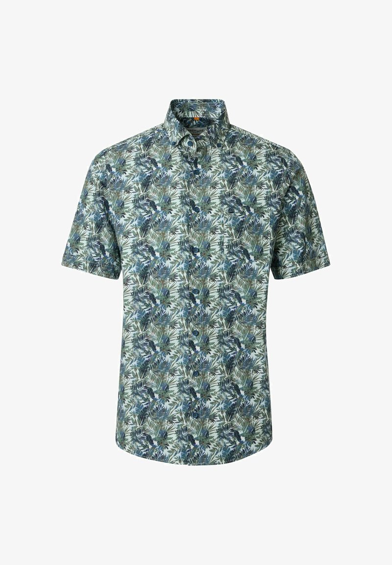 Short-sleeve button-up shirt with green and blue tropical leaf and floral pattern on a light background.