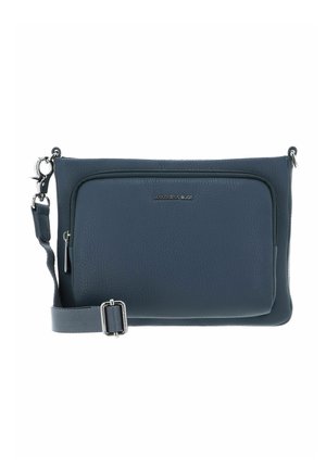 Sac bandoulière en cuir texturé bleu foncé avec poche zippée à l'avant, bandoulière ajustable et quincaillerie en métal argenté.