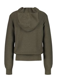 Olivgrüner, gekürzter Hoodie aus strukturiertem Stoff mit gerippten Bündchen und Saum sowie einer Kapuze mit Kordelzug. Die Rückansicht zeigt die Kapuze und Nähte.