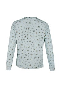 Vaaleansininen pitkähihainen paita, jossa on vihreä- ja ruskeakukkakuosi. Pehmeää kangasta, pyöreä kaula-aukko ja ribbireunat. Takakuva näyttää koko kuvion.