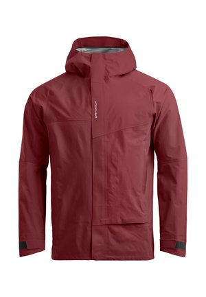 Rote wasserdichte Jacke mit Kapuze, ausgestattet mit einem Reißverschluss, mehreren Taschen und verstellbaren Manschetten. Glatte Textur mit matter Oberfläche.