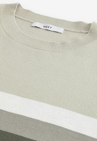 Suéter gris claro con un cuello redondo acanalado. Presenta rayas horizontales en verde oscuro, blanco y verde más claro. Textura suave, diseño casual.