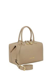 Borsa a mano in pelle beige con superficie testurizzata, doppi manici, tracolla removibile, dettagli in metallo dorato e chiusura con zip.
