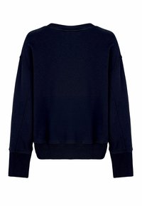Donkerblauw sweatshirt, katoenmengsel, ontspannen pasvorm, verzakte schouders, geribbelde boorden en zoom, gladde textuur, geen zichtbare afbeeldingen of versieringen.
