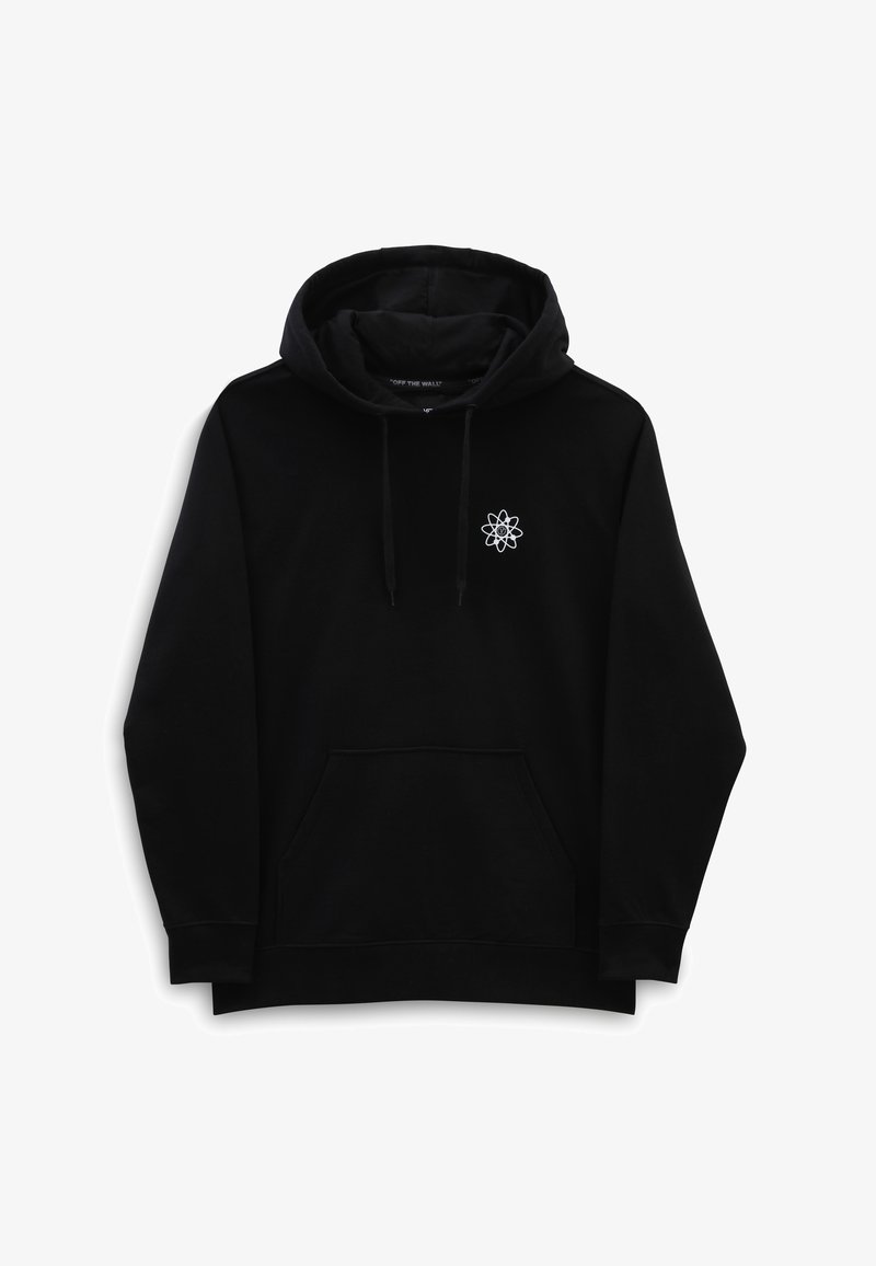 Sweat à capuche noir à enfiler avec poche kangourou avant et logo symbole atomique blanc sur la poitrine gauche.