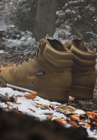 Brown hiking boots labeled Terrex placed on snow and fallen leaves in a forest setting.