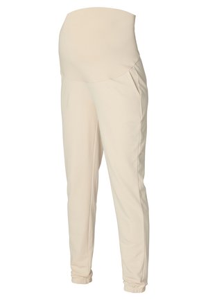 Cremfarbene Umstandsjogginghosen mit einem dehnbaren Bund, seitlichen Taschen, schmal zulaufenden Beinen und elastischen Bündchen. Glatte Stofftextur.