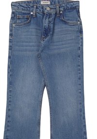 Jean en denim bleu avec une coupe droite, cinq poches et fermeture à bouton à l'avant. Présente un léger usure et une décoloration subtile.