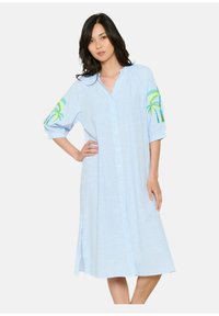 Abito camicia a righe blu chiaro con abbottonatura frontale, maniche a tre quarti e ricamo di palme verdi sulle maniche.