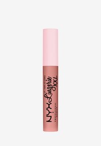 Płynna szminka NYX Lingerie XXL w matowym, delikatnoróżowym opakowaniu z czarnym napisem, z długą aplikatorem w kształcie wand oraz eleganckim cylindrycznym kształtem.