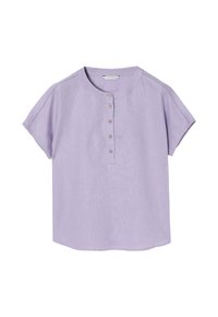 Lavendelkleurig shirt met korte mouwen in lichtgewicht stof, met een ronde halslijn, vijf knopenlijst en rechte zoom. Subtiele textuur.