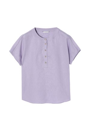 Lavendelkleurig shirt met korte mouwen in lichtgewicht stof, met een ronde halslijn, vijf knopenlijst en rechte zoom. Subtiele textuur.