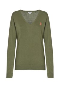 Maglione verde oliva a V con maniche lunghe e un piccolo logo ricamato sul lato sinistro del petto, esposto su uno sfondo neutro.