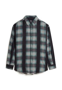 Chemise à carreaux avec un design à boutons, présentant des rayures verticales noires, un motif à carreaux turquoise et blanc, des manches longues et un ourlet arrondi.