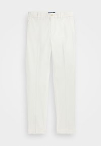 Bílé kalhoty vyrobené z lehkého materiálu, s rovnými nohavicemi, bočními kapsami a zapínáním na knoflík v pase.