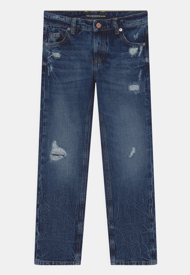 Jean en denim bleu foncé délavé avec détails usés. Caractérisé par une coupe droite, cinq poches, et une ceinture standard avec logo.
