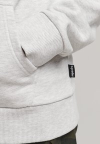Felpa grigia chiara con polsini e bordo a costine, dotata di tasca e di una piccola etichetta nera sul lato. Tessuto morbido, design casual.