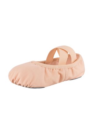 Pfirsichfarbene Ballerinas aus weichem Stoff mit einem elastischen Riemen und gerafftem Rand, ausgestattet mit einer flexiblen Sohle für müheloses Bewegen.