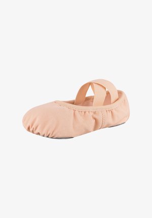 Pfirsichfarbene Ballerinas aus weichem Stoff mit einem elastischen Riemen und gerafftem Rand, ausgestattet mit einer flexiblen Sohle für müheloses Bewegen.