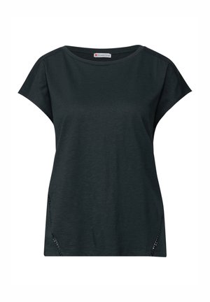 T-shirt noir à manches courtes en tissu doux, avec un col rond et des détails découpés décoratifs sur les côtés.