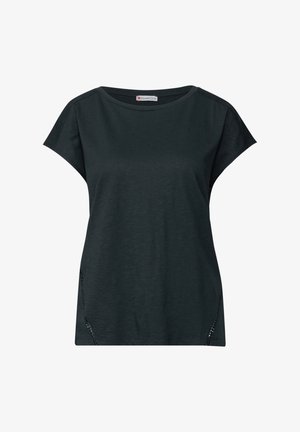 Schwarzes T-Shirt mit kurzen Ärmeln aus weichem Stoff, mit einem runden Halsausschnitt und dekorativen Ausschnitten an den Seiten.