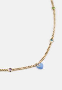 Gold chain necklace featuring blue heart-shaped charm and three colored stone accents. Textured links create a delicate appearance.