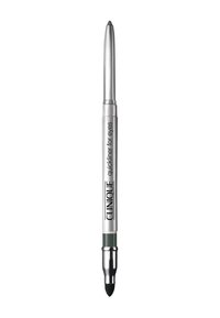 Lápiz de ojos de Clinique con un barril plateado, punta verde y una herramienta para difuminar en la base. El texto dice "quickliner para ojos."