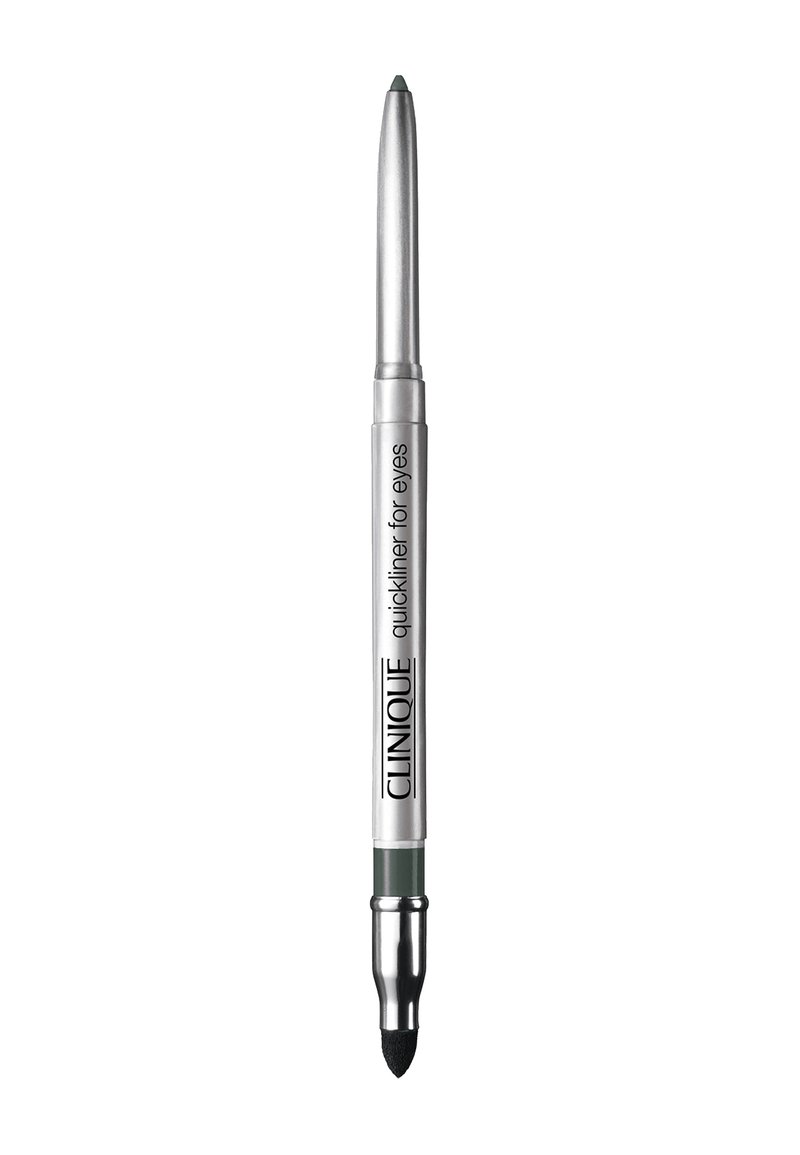 Lápiz de ojos de Clinique con un barril plateado, punta verde y una herramienta para difuminar en la base. El texto dice "quickliner para ojos."