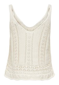 Top in maglia bianca senza maniche con scollatura rotonda, intricati motivi in pizzo e bordo ondulato sull'orlo. Texture morbida e design leggero.