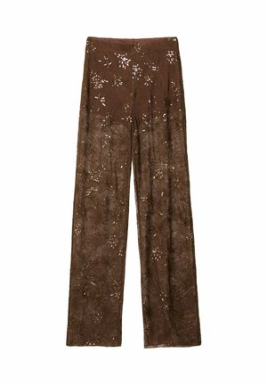 Pantaloni larghi marroni realizzati in un tessuto leggero e testurizzato con motivi floreali e decorazioni. Design a vita alta con una silhouette fluida.