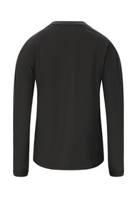 Pitkähihaista mustaa urheiluverskaa, joka on valmistettu sileästä kankaasta ja jossa on pyöreä kaula-aukko sekä raglan-hihat. Ei näkyviä kuvioita tai metalliosia.