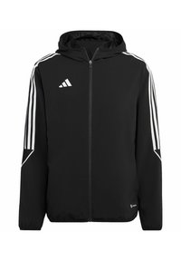 Černá bunda na zip s kapucí, se třemi bílými pruhy na rukávech a prodyšným materiálem s hladkou texturou.