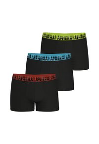 Trois boxers noirs avec des ceintures élastiques larges en rouge, bleu et vert, chacun marqué "ATHENA SPORT" dans des couleurs contrastantes.