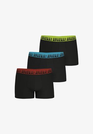 Trois boxers noirs avec des ceintures élastiques larges en rouge, bleu et vert, chacun marqué "ATHENA SPORT" dans des couleurs contrastantes.
